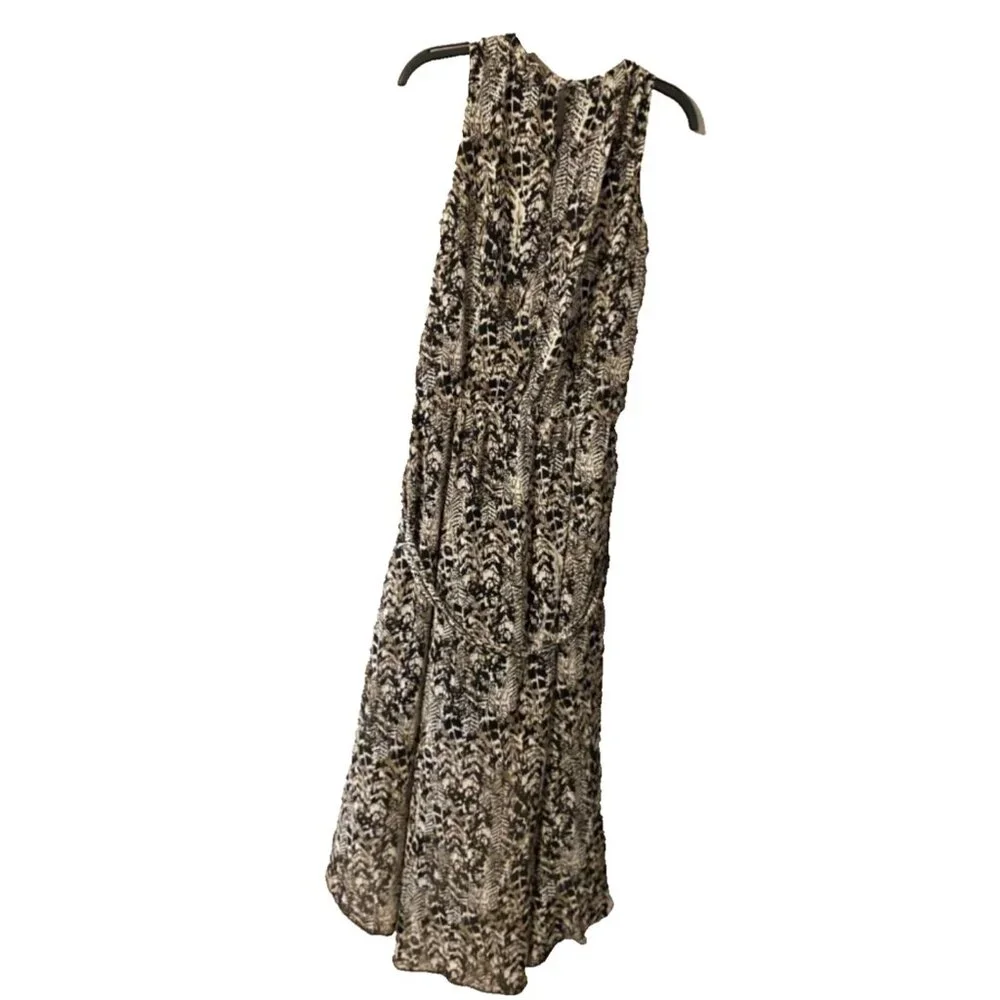 MSK Midi Dress 14 Black Cream Brown Flowy W Tassel Belt Washable Sleeveless